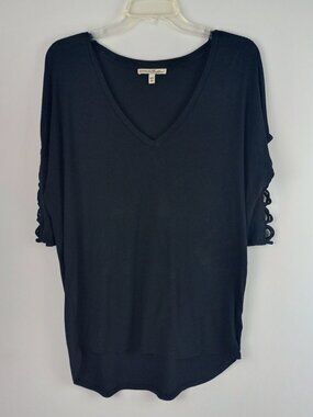 Express One Eleven Womens M Black V‎ Neck 3/4 Lattice Cut Sleeve Blouse Top